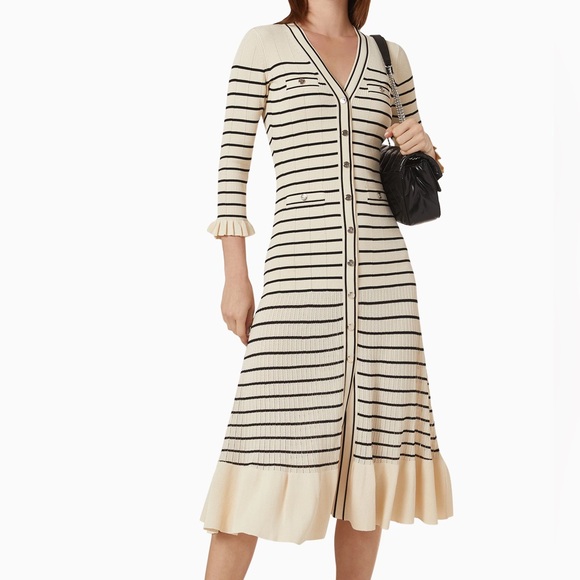 Sandro cream and blackV-Neck Bishop Sleeve Gown